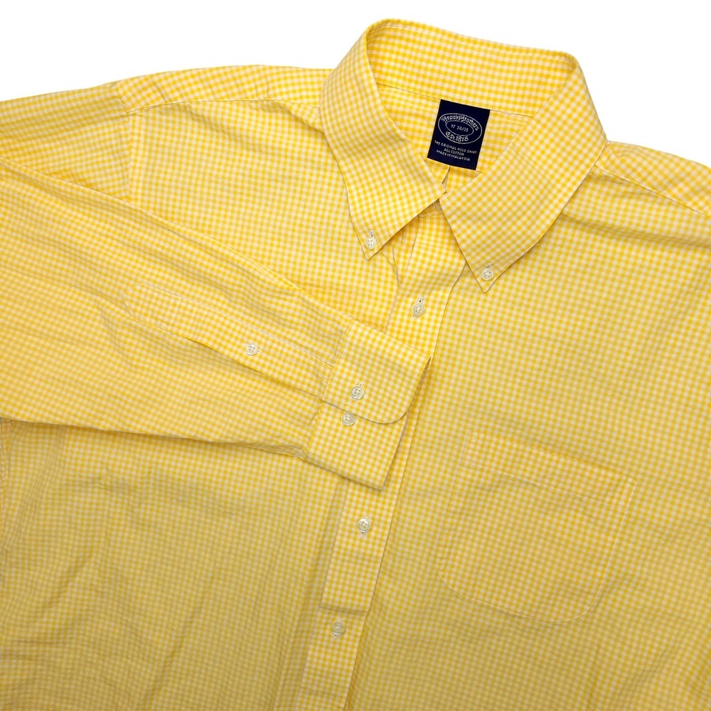Brooks Brothers Dress Shirt Mens 17 34/35 Yellow Gingham Classic Fit Cotton